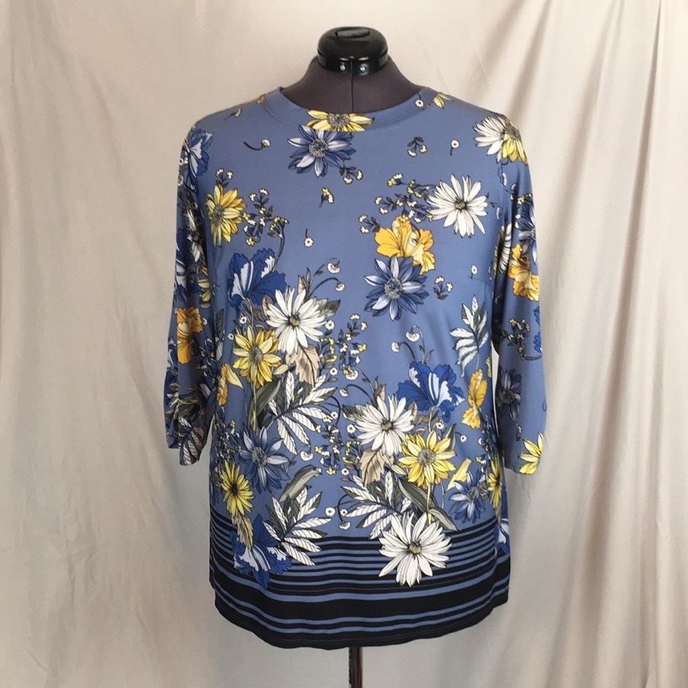 Women's Alyx Blue Long Sleeved Blouse Blue with Flowers Plus Size 2X